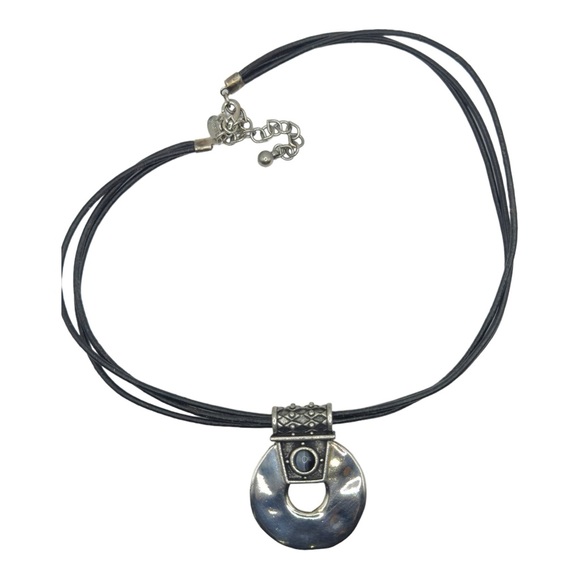 Chico’s Silver Pendant With Blue Tiger Eye Stone and Leather Necklace 11.5” Long - Picture 9 of 10